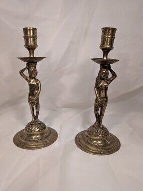 PAIR OF VICTORIAN ADAM AND EVE BRASS CANLESTICKS  FOUND IN STIRLING , SCOTLAND